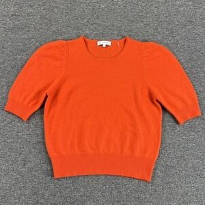 White + Warren Sweater Womens Large Orange 100% Cashmere Puff Sleeve Crewneck